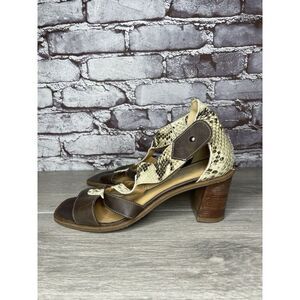 Fidji Ivory Leather Snake Skin Anke Strap Print Brown Heel Sandals Women 38.5EU